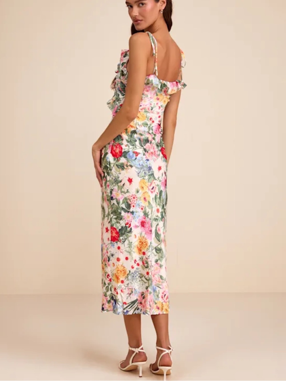 Lulus Clelia Ivory Multi Floral Satin Ruffled Tie-strap Midi Dress White - Picture 4 of 5